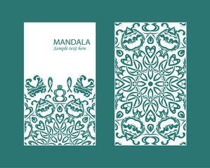Flyer laser cutting mandala.Vector paper card with lace pattern of green, turquoise color. Wedding invitations, cards and business card templates. Decorative laser cutting cards for design
