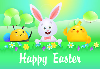 Obraz na płótnie Canvas Happy Easter lettering with cute bunny, chicken and bee. Easter greeting card. Handwritten text, calligraphy. For leaflets, brochures, invitations, posters or banners.