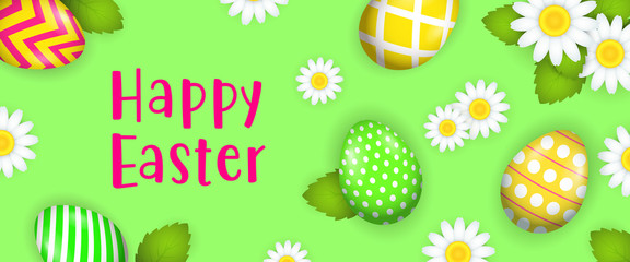 Happy Easter lettering with painted eggs and flowers. Easter greeting card. Typed text, calligraphy. For leaflets, brochures, invitations, posters or banners.