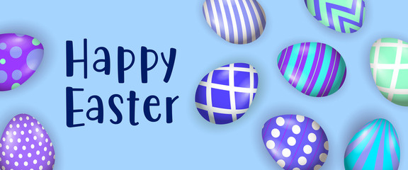 Happy Easter lettering with painted eggs. Easter greeting card. Typed text, calligraphy. For leaflets, brochures, invitations, posters or banners.