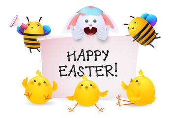 Happy Easter lettering with rabbit, bees and chicks characters. Easter greeting card. Typed text, calligraphy. For leaflets, brochures, invitations, posters or banners.