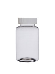 empty, transparent plastic small bottle for tablets, capsules and pills with a protective cover on a white background