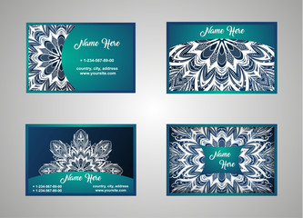 Business card, vintage card set with element of the mandala design of the logo. Abstract layout with Oriental patterns. The front and rear sides. Easy to use and edit text