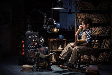 Robot mechanic and inventor read books