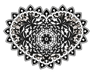 The element of the heart, in the style of mehndi with mandala drawing Valentine, holiday card template, wedding, Valentine's Day, print on clothes, t-shirt, invitation, love. black-white vector eps10