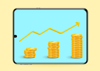 New frameless tablet on the screen of which Gold Coins Earnings Growth, Career Growth Business Vector EPS 10