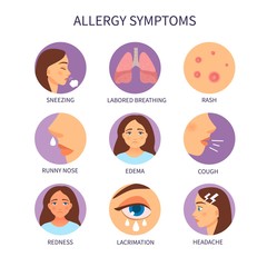Vector poster allergy symptoms. Illustration of cartoon girl with allergy. - obrazy, fototapety, plakaty