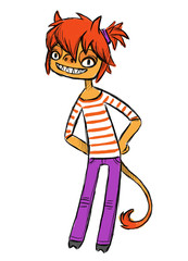 Smiling girl imp sketch hand drawn illustration isolated. Cartoon character, cheerful demon girl with horns and tail.