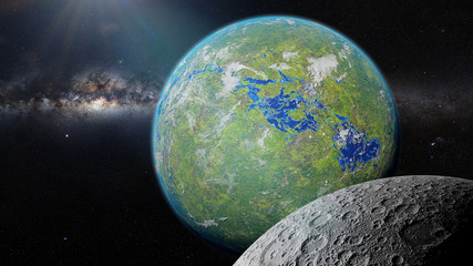 Obraz na płótnie Canvas green alien planet with moon, exoplanet with surface water and plant life (3d space illustration)
