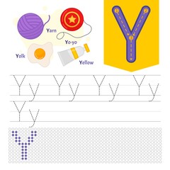 Handwriting practice sheet. Basic writing. Educational game for children. Learning the letters of the English alphabet. Letter Y.