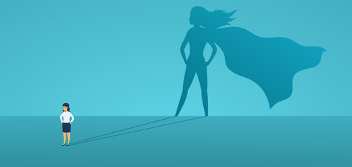 Business woman with big shadow superhero. Super manager leader in business. Concept of success, quality of leadership, trust, emancipation. Vector illustration flat style. - obrazy, fototapety, plakaty