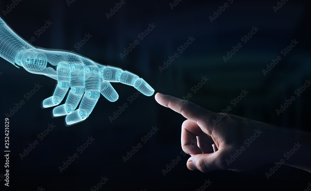 Poster wireframed robot hand making contact with human hand on dark 3d rendering