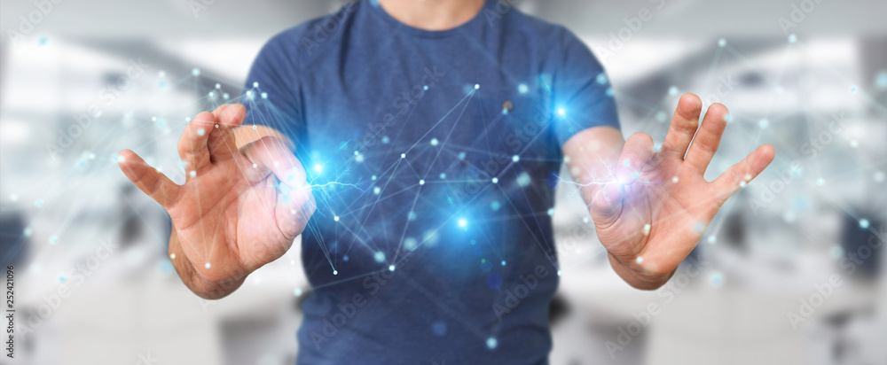 Poster businessman using futuristic connection interface 3d rendering