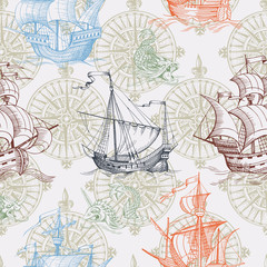 Old caravel, vintage sailboat, sea monster. Vector seamless pattern