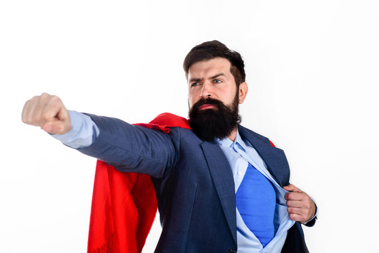 Superman in red cape showing blue shirt. Business. Enthusiasm. Super businessmen. Business concept. Save the world. Economy. Career growth. Bearded businessmen. Superman flying.