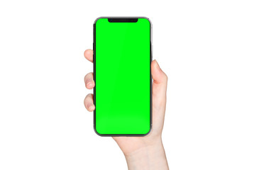 Woman hand holding modern smatphone mockup on white