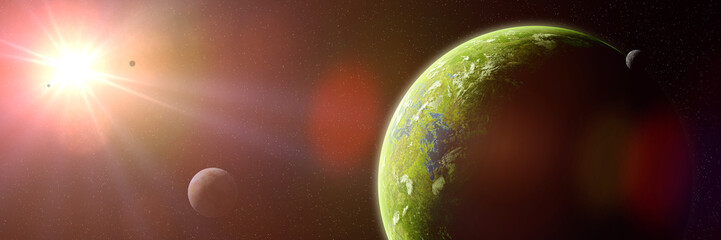 green alien planet, jungle exoplanet with water and plant life in a distant star system (3d space illustration banner)