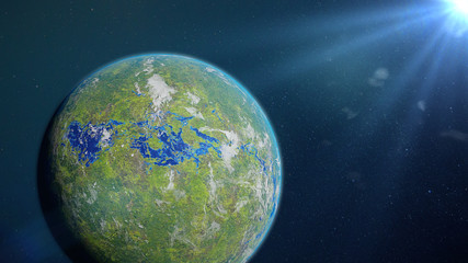 green alien planet, exoplanet with surface water and plant life (3d space illustration)