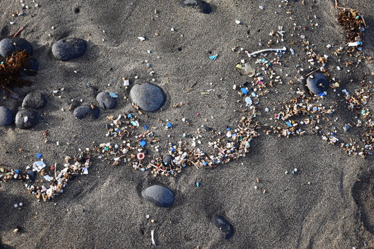 Microplastics on a beach. Famara Beach, Lanzarote.