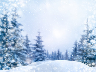 Naklejka premium Winter Christmas scenic background with copy space. Blurred snow landscape with spruce branches covered with snow and glowing bokeh falling snow.