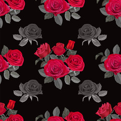 Flower seamless pattern with red rose on black background vector illustration