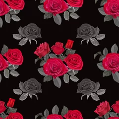 Rolgordijnen Rozen Naadloze bloempatroon met rode roos op zwarte achtergrond vectorillustratie