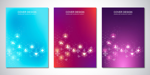Template brochure or cover with medical icons and symbols. Healthcare, science and innovation technology concept.