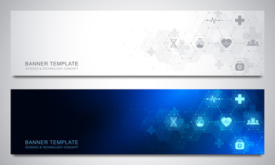Fototapeta na wymiar Banners design template for healthcare and medical decoration with flat icons and symbols. Science, medicine and innovation technology concept.
