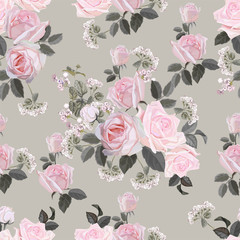 Flower seamless pattern with pink rose on beige background vector illustration