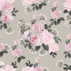 Behang Flower seamless pattern with pink rose on beige background vector illustration © Weera