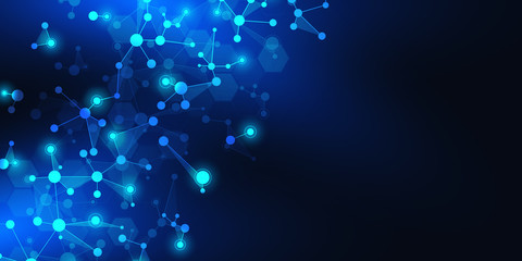 Abstract technology and innovation background with molecular structures and neural network. Molecules DNA and genetic engineering. Technical and scientific concept.