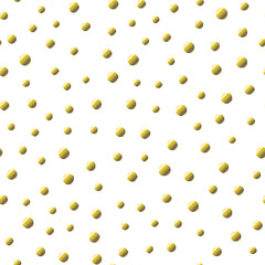 Polka dot seamless pattern with gold foil spots. Vector chaotic metal golden texture with yellow points isolated on white background