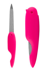 Retractable metal nail file with pink grip, isolated on white background, clipping path included