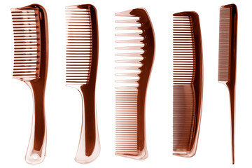 Hair combs on white background. Five different brown plastic combs for hairstyling isolated, clipping paths included
