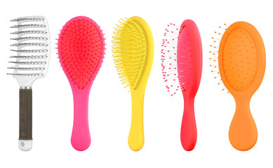Five hair brushes, professional hair dresser tools for hair styling isolated on white background, clipping paths included