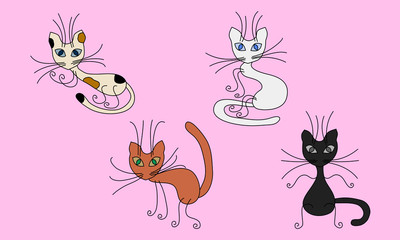 four different colors of a cat on a pink background