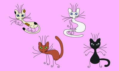 four different colors of a cat on a pink background