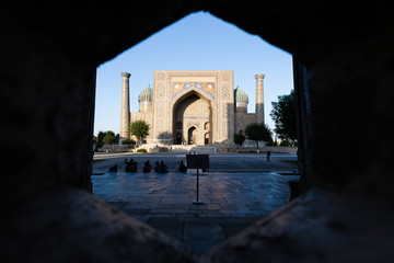 Frontal view of Registan Square Mosque and Madrasah complex in Samarkand, Uzbekistan
