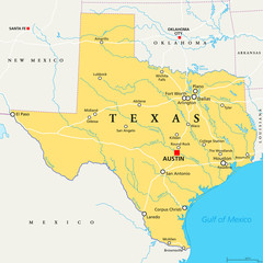 Texas, political map, with capital Austin, borders, important cities, rivers and lakes. State in the South Central region of the United States of America. English labeling. Illustration. Vector.