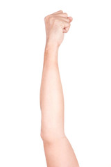 Male Caucasian hand gestures isolated over the white background.