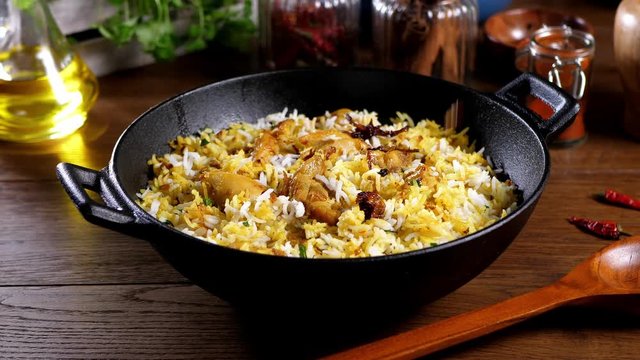 Biryani with chicken. Traditional Indian dish of rice and chicken marinated in spices and yoghurt.