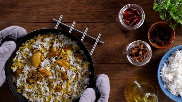 Biryani with chicken. Traditional Indian dish of rice and chicken marinated in spices and yoghurt.