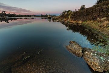 Landscape at sunrise in the Natural Area of Barruecos. Extremadura. Spain.