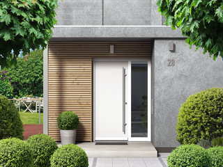 Modern home facade with entrance, front door and view to the garden - 3D rendering - obrazy, fototapety, plakaty