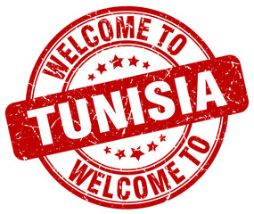 welcome to Tunisia red round vintage stamp