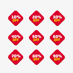Tags set with discount offer. Low cost icon. Promo icon in flat style. Vector promotion red labels.
