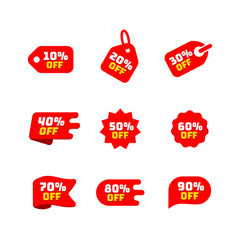 Tags set with discount offer. Low cost icon. Promo icon in flat style. Vector promotion red labels.