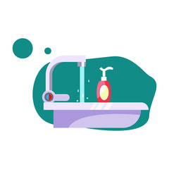 Bathroom sink illustration. Water, tap, soap. Hygiene concept. Vector illustration can be used for healthcare, hygiene, washing