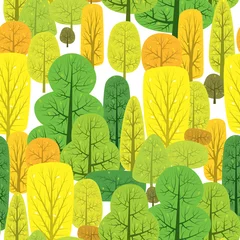 Behang Geel Vectorillustratie van naadloze patroon met verschillende herfst bomen.