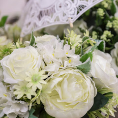 Wedding decor and accessory. Beautiful bouquet of white roses for the bride